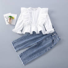 Conjunto de ropa de alta calidad para niña de 2 a 7 años, camisa blanca Lisa + pantalones vaqueros, ropa para niño y niña 2021 2024 - compra barato