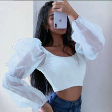 Ladies Puff Sleeve Crew Neck Mesh Spliced Shirt Women Cropped Tube Tops Loose Baggy Casual Blouse Shirts Fashion Top 2024 - buy cheap