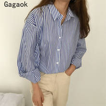 Gagaok Women Streetwear Blouse 2020 Summer New Turn-down Collar Full Striped Loose Casual Harajuku Chic Wild Fashion Shirt Tops 2024 - buy cheap