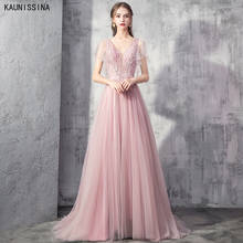 Long Evening Dress Tulle Pink Appliques Sweep Train Formal Prom Dresses Short Sleeve V-Neck  Elegant vestidos de fiesta de noche 2024 - buy cheap