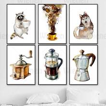 Estilo nórdico impressão casa decoração da parede arte café moedor de café raccoon husky pintura da lona café decoração cartaz sem moldura 2024 - compre barato