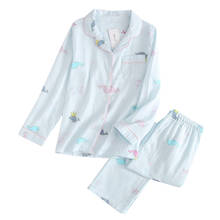 Весенняя Хлопковая пижама для женщин, двухслойная марлевая одежда для сна, Женский пижамный комплект с длинным рукавом, 2 предмета, одежда для отдыха с принтом дельфинов 2024 - купить недорого
