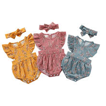 0-24M Summer Newborn Baby Girls Romper Ruffles Fly Sleeve Floral Print Princess Cotton Corduroy Romper Jumpsuits Headband Outfit 2024 - buy cheap