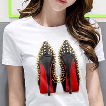 Camisa branca da moda das mulheres sapatos de salto alto impresso t camisa feminina verão de manga curta casual rua roupas tshirt 2024 - compre barato