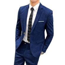 English Style Men Wedding Party Two-piece Set Fashion Slim Blazer Coat + Pants Blue Gray Black Diagonal Stripes Mens Suits 2024 - buy cheap