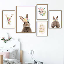 Letra inicial dourada personalizada coelho cauda rosa pôster floral tela de berçário pintura arte de parede imagem decoração de casa quarto de criança 2024 - compre barato