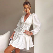 2020 Summer New Sexy White Ruched Dress Cross Lace Up Bubble Sleeve V-Neck Mini Dress Bodycon Celebrity Party Club Womens Dresse 2024 - buy cheap