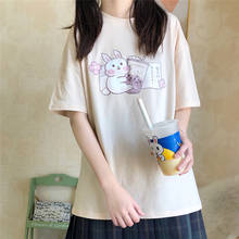 Японские кавайные модные футболки для женщин 2021, летняя Мягкая футболка для девочек, топы с милым кроликом из аниме, женская футболка, футболки с графическим принтом в эстетике 2024 - купить недорого
