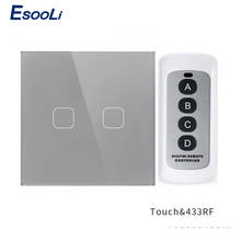 Esooli-interruptor de parede padrão europeu, 2 gang, 1 way, controle remoto sem fio, com painel de vidro cristalino 2024 - compre barato