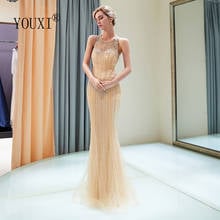 Gold Evening Dresses 2019 YOUXI Beaded Beading Crystal Luxury Mermaid Sweep Train O-Neck Prom Formal Gowns 2024 - buy cheap