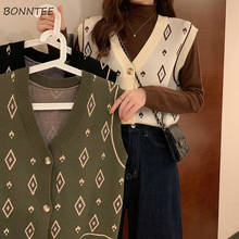 Suéter feminino com botões de argyle, elegante, simples, casual, folgado, estilo coreano, macio, chique, moda urbana 2024 - compre barato