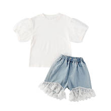 Fashion Girls Summer Clothes Kids Puff Short Sleeve Round Neck Solid Color T-shirts Top Denim Lace Shorts Pants Children Outfits 2024 - buy cheap