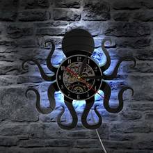 Retro Octopus Mollusk Vinyl Record Wall Clock With LED Backlight Kraken Octopus Ocean Animal LED Night Light Modern Clock Watch 2024 - buy cheap