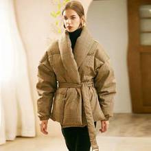 Winter Women's Plaid Woolen Fabric Windproof Fluffy Down Coat Female Was Thin Thick Warm Down Jacket Parkas With Belt F2530 2024 - buy cheap