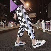Verão hip hop calças masculinas casuais preto e branco xadrez tamanho grande solto esportes harem reflexivo corredores calças masculinas streetwear 2024 - compre barato