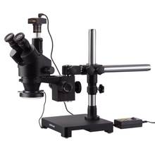 3.5X-45X Preto Trinocular Stereo Zoom Microscópio em Único Braço Boom Stand + 144 Direção Ajustável CONDUZIU A Luz Do Anel & USB2.0 5MP 2024 - compre barato