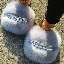 Real Fox Fur Slippers For Women Diamond Chain Furry Fur Slides Fluffy Flip Flops House Plush Beach Flat Slippers Summer Sandals 2024 - buy cheap