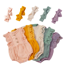 0-12M 5 Colors Newborn Baby Girls Clothes Sleeveless Lace Button Cotton Linen Romper Jumpsuit Headband Toddler Clothes Outfits 2024 - buy cheap