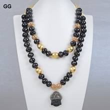 GuaiGuai Jewelry Natural 2 Rows Black Onyx Rondelle Buddha Gold Color Chain Buddhist Statues Pendant Necklace 21" For Women 2024 - buy cheap