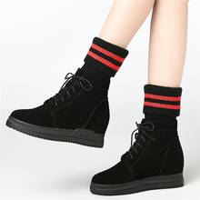 Goth tênis de couro legítimo feminino, calçados de salto alto, plataforma quente para o inverno, bico redondo, tricô 2024 - compre barato