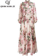 Qian Han Zi designer bow collar beach dress Women Lantern Sleeve Rose Flower Print Chiffon Slim Fashion Elegant Mid-length Dress 2024 - buy cheap