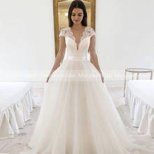 Vestidos de novia con mangas de casquillo, recortados, cuello en V profundo, vestido de novia blanco con encaje de Francia, vestido de princesa de línea A, traje de boda hecho a medida 2024 - compra barato