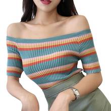 Sexy Stripe Women Summer Tees Top Off The Shoulder Half Sleeve Knitted Ladies Korean Sweet Tshirt 2024 - buy cheap