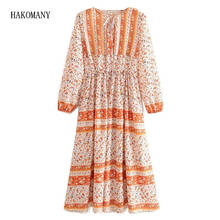 2020 Bohemian LACE Up V cuello vestido Floral vacaciones mujer cintura elástica manga larga Midi vestidos largos BOHO playa 2024 - compra barato