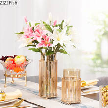 Металлическая вазы золотистого цвета, прозрачная ваза для цветов, стеклянная ваза, современный цветочный искусственный цветок, украшения для дома 2024 - купить недорого