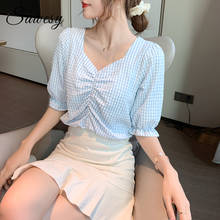 Plaid Chiffon V Neck Fashion Casual Blouse Korean Women Summer Short Sleeve Top Blue Yellow 2024 - buy cheap