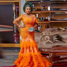 Orange Plus Size Evening Dresses With Illusion Sleeves Tiered Appliques Lace Aso Ebi Prom Dress Mermaid African robe de soirée 2024 - buy cheap
