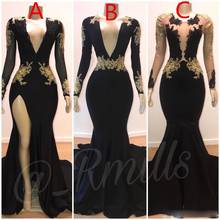 Sexy Black Backless Mermaid Prom Dresses Gold Lace Applique V Neck Long Sleeves Illusion High Side Split Formal Evening Gowns 2024 - buy cheap