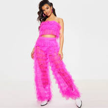 Chic 2021 Fuchsia 2 Pieces Women Sets Ruffles Tulle Tops With Long Loose Pants Fashion Women Clothing 2024 - buy cheap