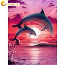 Chenistory pintura por números conjuntos para adultos, faça você mesmo moldado golfinho em oceano animal pintado à mão pintura a óleo para decoração de parede da casa 2024 - compre barato
