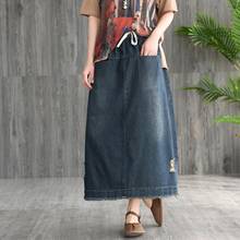 TIYIHAILEY Free Shipping 2020 New Cotton Denim Long Maxi Skirts For Women Summer Spring Elastic Waist A-line Skirts With Pockets 2024 - buy cheap