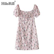 HiloRill Floral Printed Mini Dress For Women Short Sleeve Sweet Summer Dress Square Collar Beach Party Dresses Bodycon Sundress 2024 - buy cheap