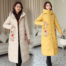 Jaqueta de inverno estilo china, casaco feminino acima do joelho, casaco longo com capuz estampado, manga comprida, jaqueta de algodão acolchoada, plus size d190829 2024 - compre barato