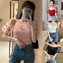 Women Puff Sleeve Mesh Polka Dot T-Shirt Ribbed Knit Lace-Up Sexy Slim Crop Top Y5GC 2024 - buy cheap