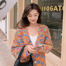 Women Autumn Winter Vintage Multicolor Striped Sweater Coat V Neck Full Sleeve Oversized Knitted Cardigan Jacket with Buttons 2024 - buy cheap