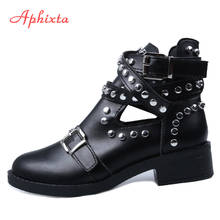 Aphixta Rivets Black Ankle Women Boots Faux Leather Booties Metal Buckle Straps Square Heel Studded Woman Boots Motorcycle Shoes 2024 - buy cheap
