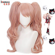 Peluca de Junko Enoshima Danganronpa, postizo de oso negro y blanco, pinza de pelo, coletas de color rosa claro, Cosplay 2024 - compra barato