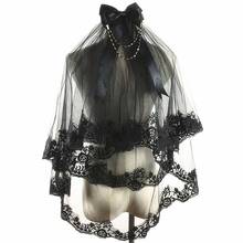 2-tier feminino halloween cosplay traje preto mantilla véu de casamento bordado floral rendas puro tule acessórios de cabelo com pente 2024 - compre barato