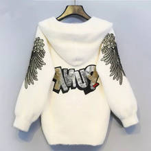 2021 mulheres modelos outono e inverno jaqueta curta com capuz manga comprida cor sólida bordado carta malha cardigan suéter feminino 2024 - compre barato
