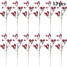 Paquete de 12 flores rojas artificiales, bayas estampadas, pastel de regalo de Navidad y boda, decoración de bodas, bayas artificiales de acebo 2024 - compra barato