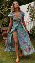 Summer Beach Maxi Dress Women Floral Print Boho Long Chiffon Dress   Casual V-Neck High Split Sexy Party  Sundress Robe 2024 - buy cheap