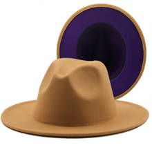 New Outer tan Inner purple Wool Felt Jazz Fedora Hats with Thin Belt Buckle Men Women Wide Brim Panama Trilby Cap 56-58CM 2024 - buy cheap
