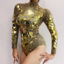 Body de espejo dorado con diamantes de imitación brillantes, Sexy, Nigthclub, DJ, cantante, club nocturno, disfraces de escenario, leotardo de equipo de baile Gogo, ropa de Rave 2024 - compra barato