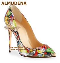 ALMUDENA Newest Irregular Pattern Printed High Heels Multi-color Patent Leather Slip-on Wedding Shoes 12 10 8cm Stiletto Heels 2024 - buy cheap