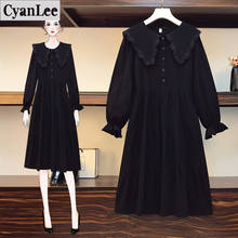 Cyanlee-vestidos de Fiesta de talla grande para mujer, vestidos de otoño coreanos de encaje de retazos de manga larga con volantes, vestidos negros