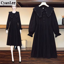 Cyanlee plus size women party dresses autumn korean lace patchwork long sleeve ruffles vinatge dresses for women black vestidos 2024 - buy cheap